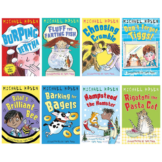 Michael Rosen 8 Books Collection Set (Burping Bertha, Fluff the Farting Fish, Choosing Crumble, Don't Forget Tiggs!, Bilal's Brilliant Bee,Barking for Bagels,Hampstead the Hamster & Rigatoni the Pasta Cat)