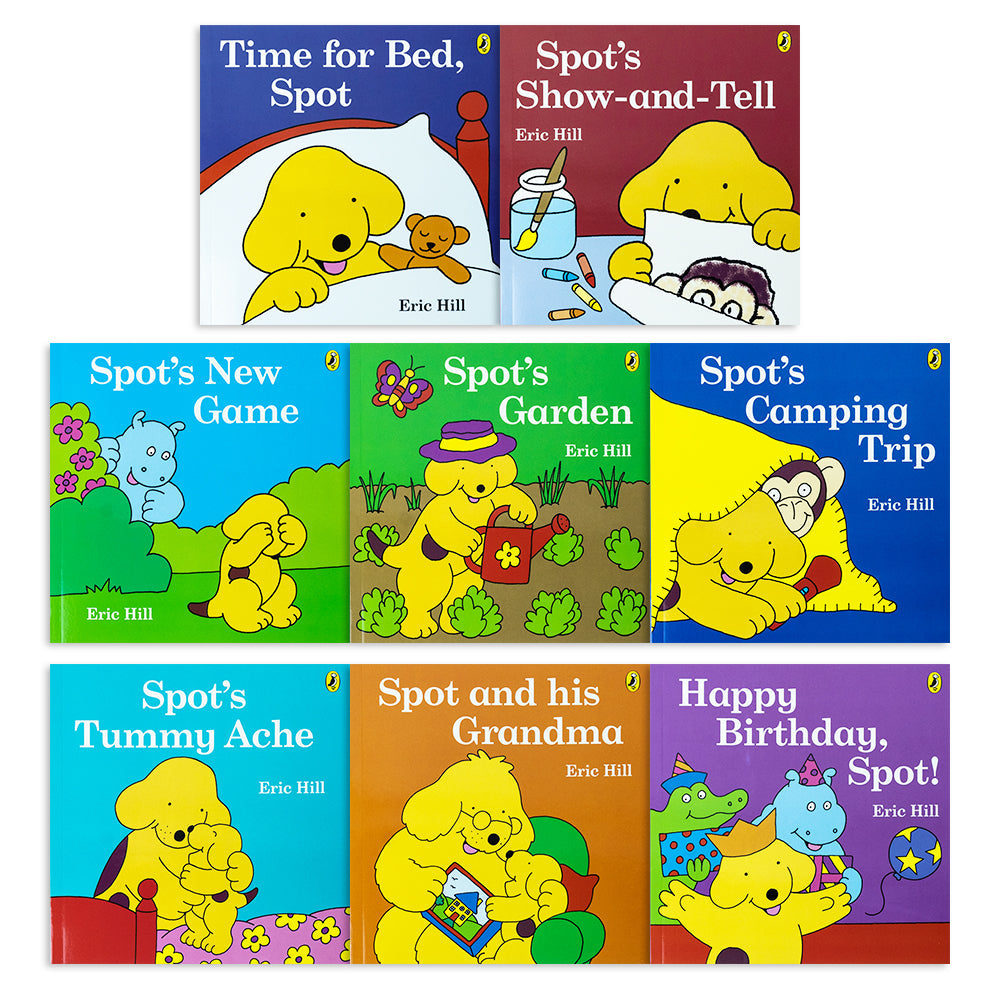 Read With Spot Collection 8 Book Set By Eric Hill ( Time for Bed, Show and Tell, New Game, Garden, Camping Trip, Tummy Ache, And his Grandma, Birthday Spot)