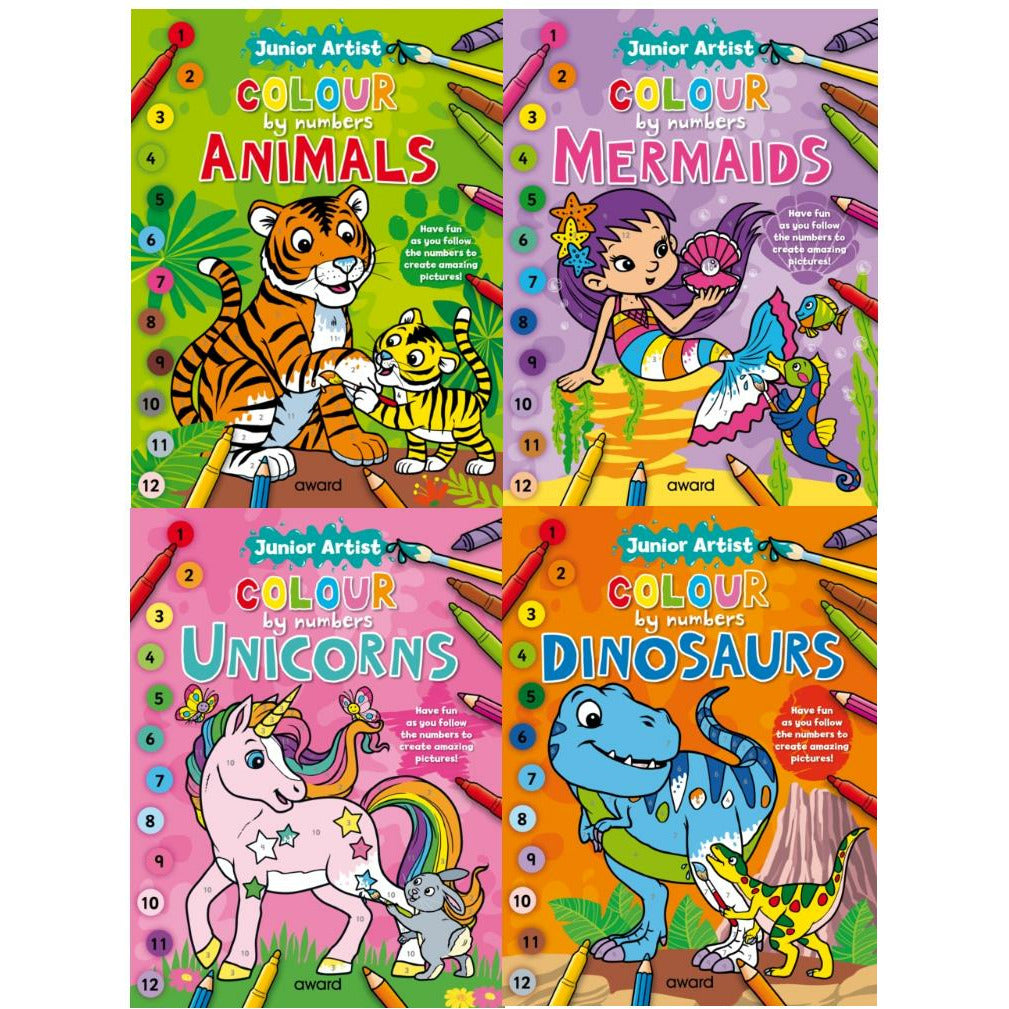 Junior Artist Color By Numbers 4 Books Collection Set For Childrens Skills Development Δεινόσαυροι, Μονόκερος, Γοργόνα, Ζώα