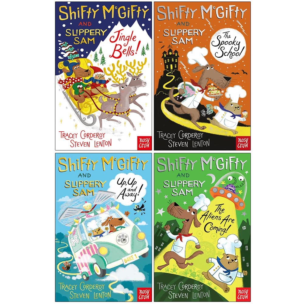 Shifty McGifty and Slippery Sam Collection 4 Books Set By Tracey Corderoy (Jingle Bells, The Spooky School, Up Up and Away & The Aliens Are Coming)