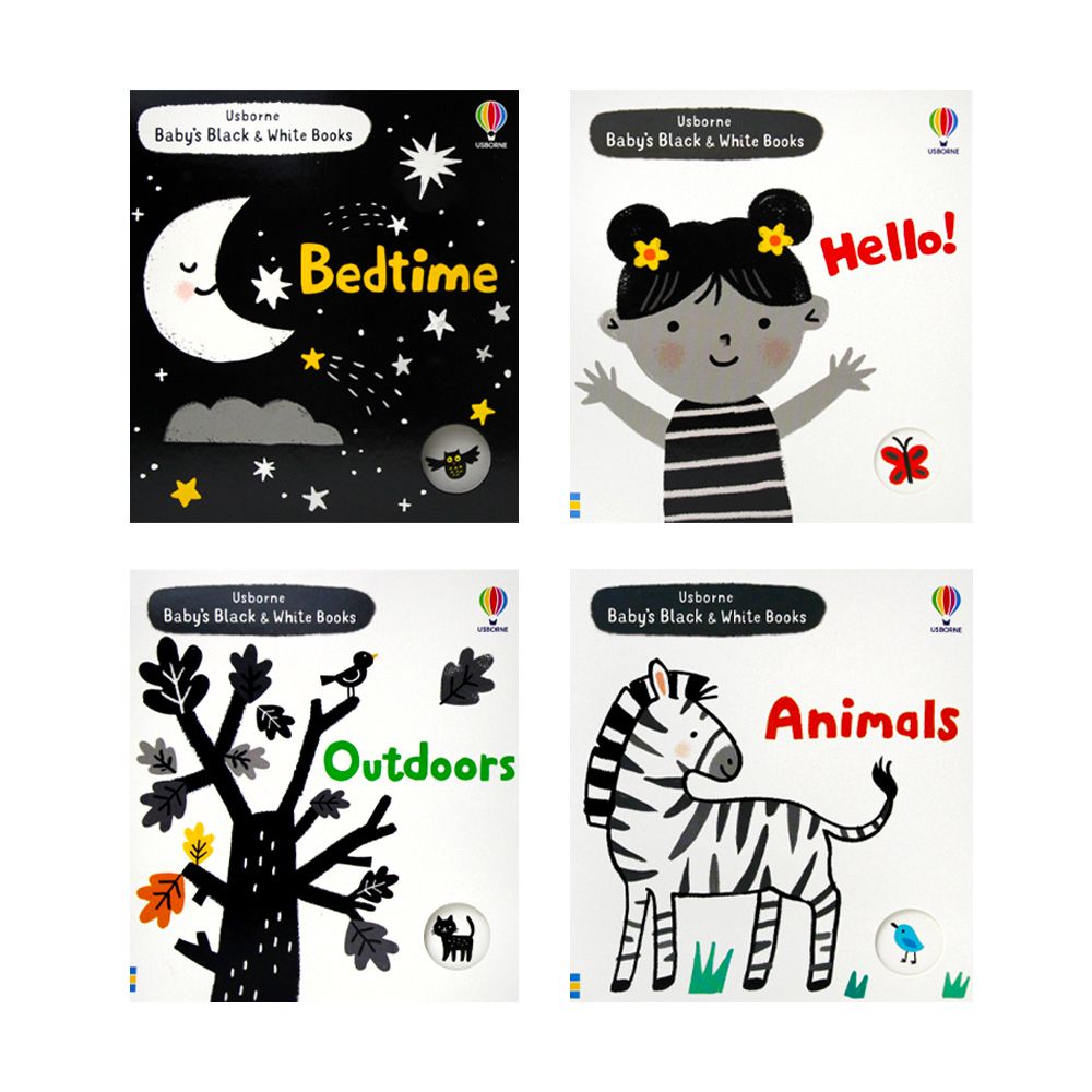 Usborne Baby's Black and White 4 Books Collection Box Set (Animals, Outdoors, Hello! & Bedtime)