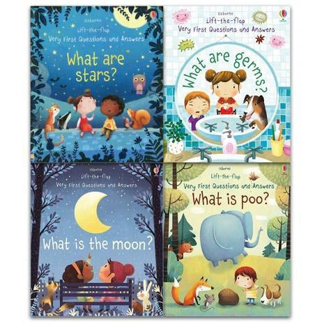 Usborne Lift The Flap Very First Questions And Answers 4 Books Collection Set What Is The Moon What Are Stars What Are Germs What Is Poo