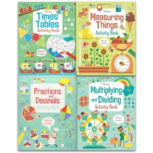 Usborne Maths Activity Collection 4 Books Set (Fractions and Decimals, Measuring Things, Times Tables, Multiplying and Dividing)