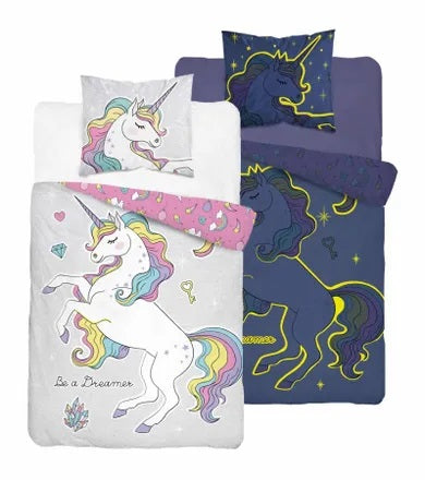 Unicorn, 2-piece cotton bedding, glow in the dark, 140x200 cm