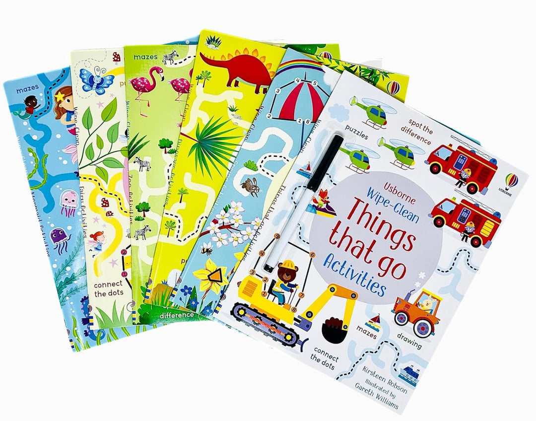 Usborne Wipe Clean Activities 6 Books Collection Set By Kirsteen Robson (1 Pen Included) (Dinosaur Activities, Zoo Activities, Things that Go Activities, Mermaid, Spring & Fairy Activities)